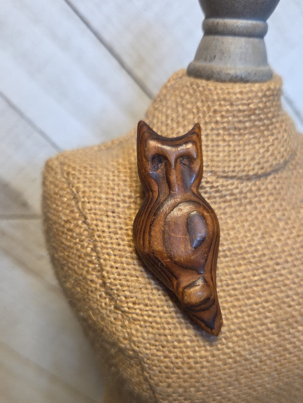 Vintage Owl Wood Brooch Pin